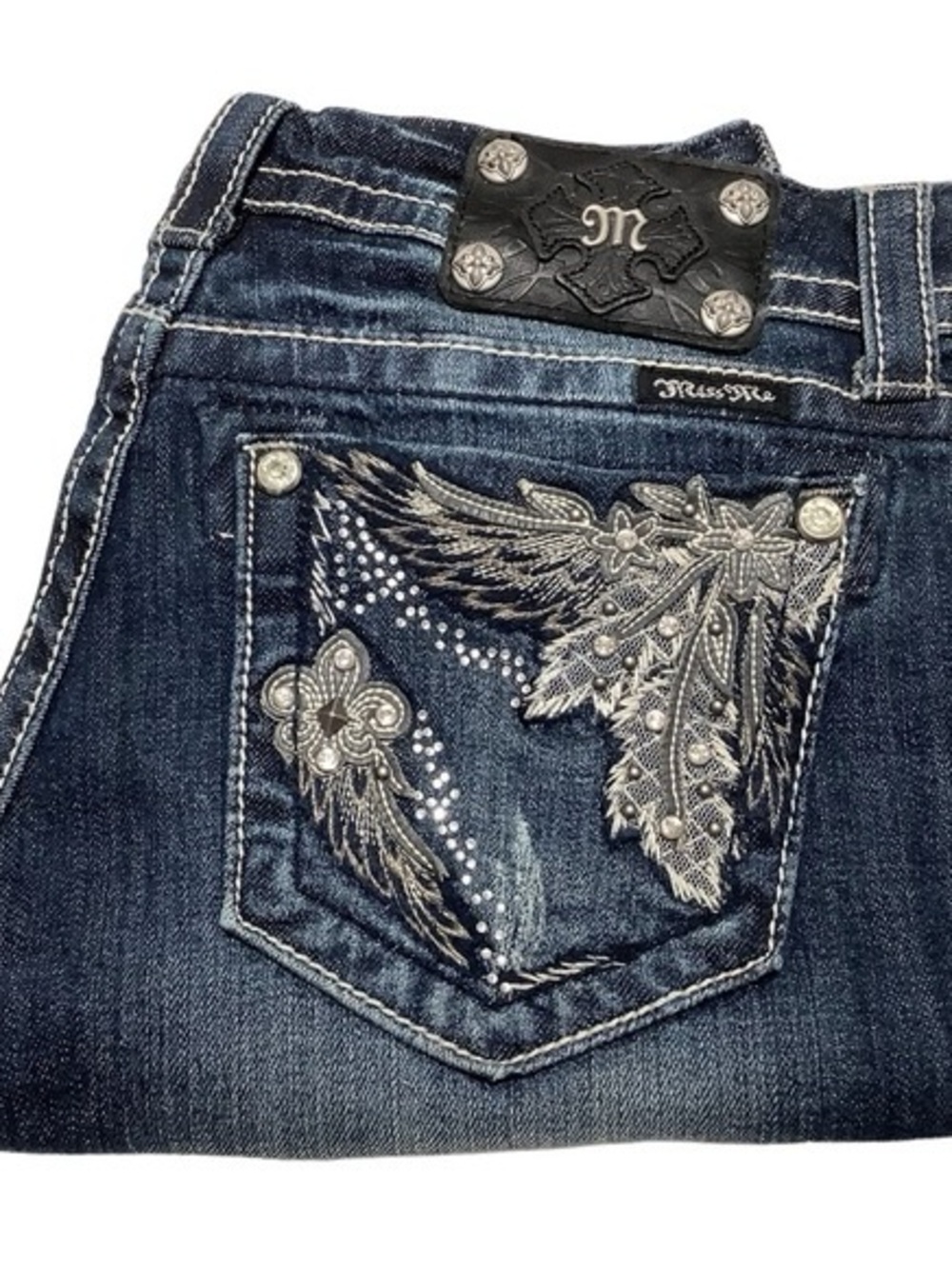 Miss Me Dark Blue Bootcut Jeans with Silver Embroidered Pocket